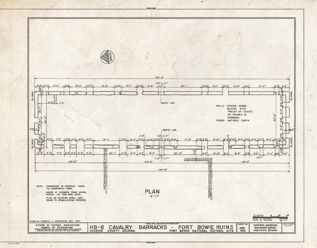 Blueprint HABS ARIZ,2-BOWI.V,1C- (Sheet 1 of 5) - Fort Bowie, Cavalry Barracks, Bowie, Cochise County, AZ