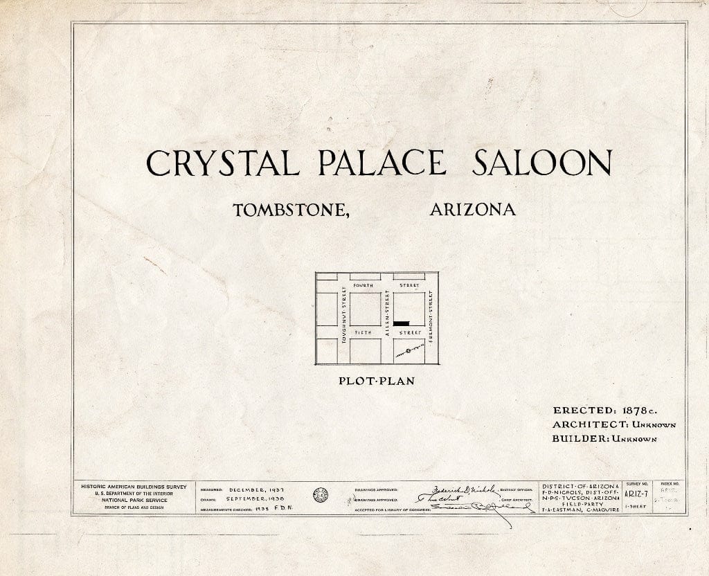 Blueprint HABS ARIZ,2-Tomb,1- (Sheet 0 of 1) - Crystal Palace Saloon, Allen & Fifth Streets, Tombstone, Cochise County, AZ
