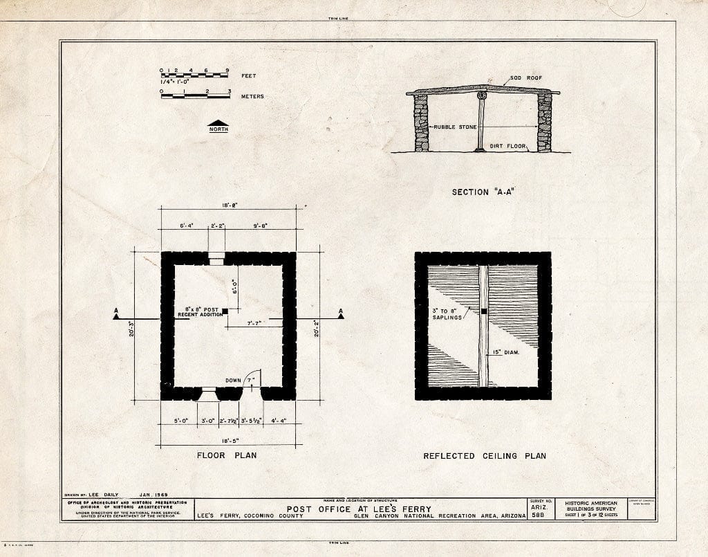 Blueprint HABS ARIZ,3-PAG.V,1B- (Sheet 1 of 3) - Lee's Ferry, Post Office, U.S. Route Alternate 89, Page, Coconino County, AZ