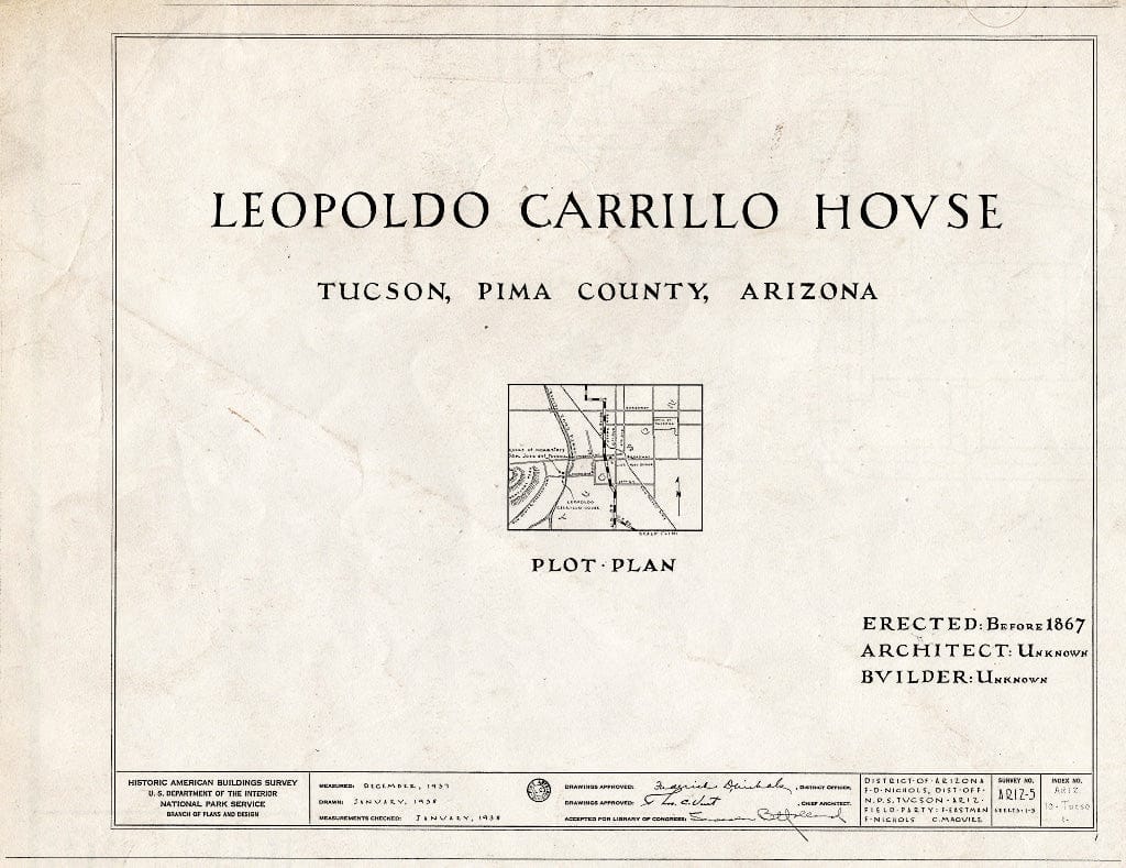 Blueprint HABS ARIZ,10-TUCSO,1- (Sheet 0 of 5) - Leopoldo Carrillo House, 1005 Mission Avenue, Tucson, Pima County, AZ