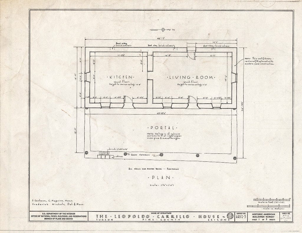 Blueprint HABS ARIZ,10-TUCSO,1- (Sheet 1 of 5) - Leopoldo Carrillo House, 1005 Mission Avenue, Tucson, Pima County, AZ