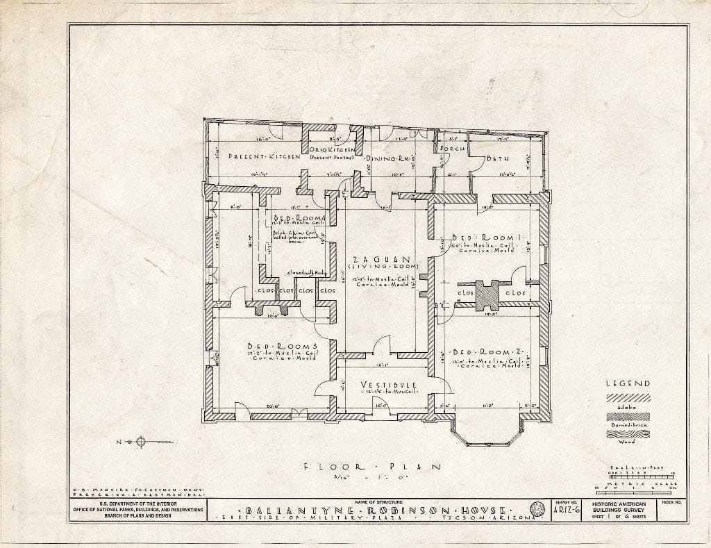 Blueprint HABS ARIZ,10-TUCSO,2- (Sheet 1 of 6) - Ballantyne Robinson House, Military Plaza (141 South Fifth Avenue), Tucson, Pima County, AZ