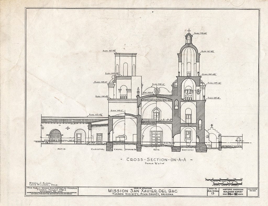 Blueprint HABS ARIZ,10-TUCSO.V,3- (Sheet 16 of 41) - San Xavier del Bac Mission, Mission Road, Tucson, Pima County, AZ