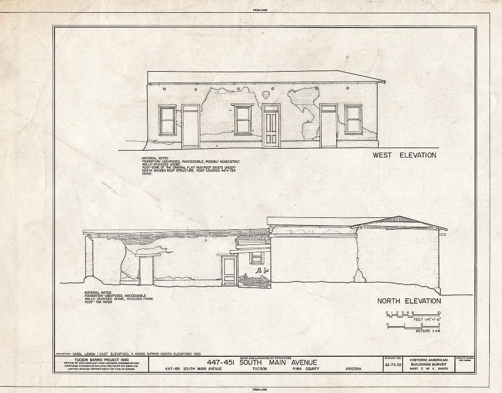 Blueprint HABS ARIZ,10-TUCSO,30/53 (Sheet 3 of 4) - 447-451 South Main Avenue (House), Tucson, Pima County, AZ