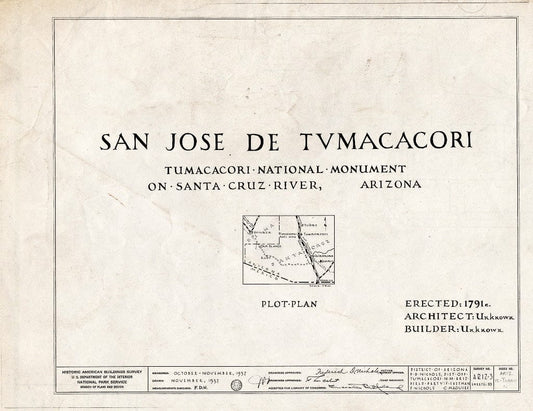 Blueprint 0. Cover Sheet with Plot Plan - San Jose de Tumacacori (Mission, Ruins), Tubac, Santa Cruz County, AZ