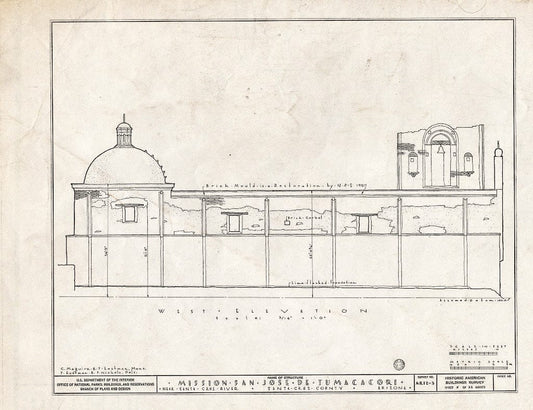 Blueprint 8. West Elevation - San Jose de Tumacacori (Mission, Ruins), Tubac, Santa Cruz County, AZ
