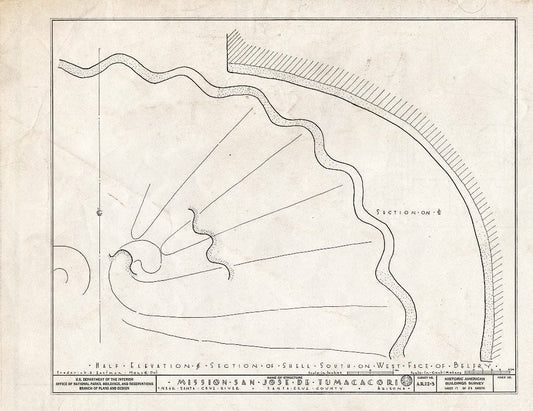 Blueprint 17. Half Elevation and Section of Shell, South on West Face of Belfry - San Jose de Tumacacori (Mission, Ruins), Tubac, Santa Cruz County, AZ