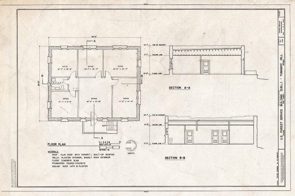 Blueprint HABS ARIZ,10-TUCSO,31D- (Sheet 1 of 2) - Desert Botanical Laboratory, Forest Service Building, Tumamoc Hill, Tucson, Pima County, AZ