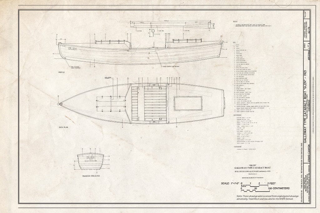 Blueprint Profile, Deck Plan, and Transom - Projected - Galloway Type Cataract Boat Glen, Grand Canyon, Coconino County, AZ