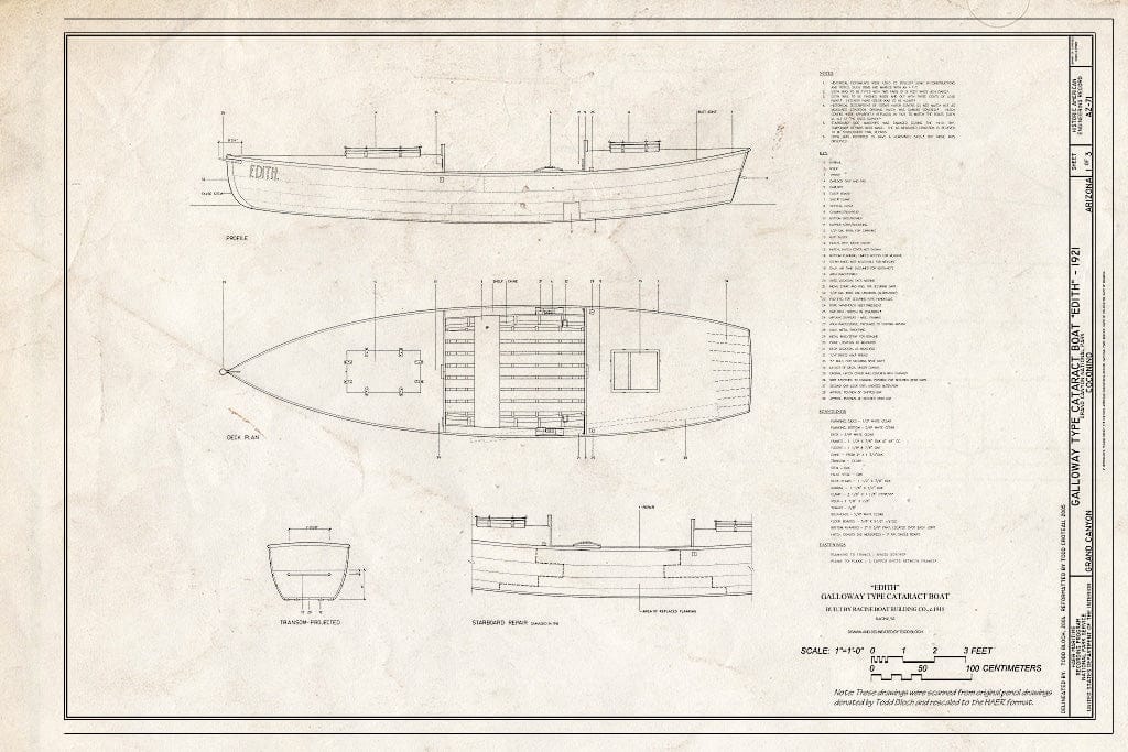 Blueprint Profile, Deck Plan, and Transom - Projected - Galloway Type Cataract Boat Edith, Grand Canyon, Coconino County, AZ