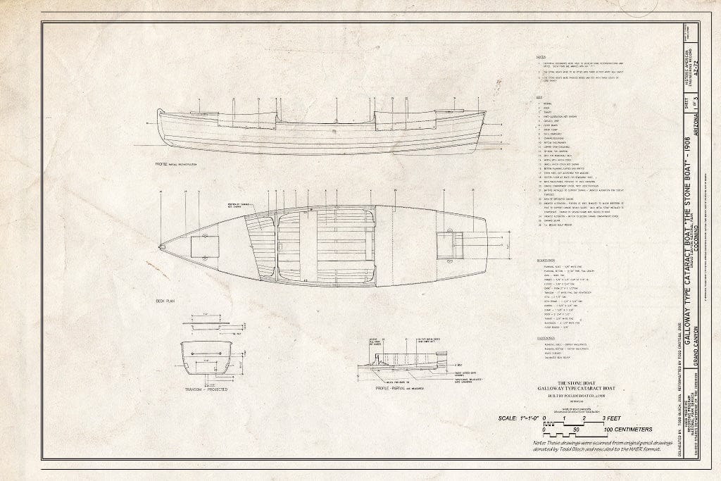 Blueprint Profile, Deck Plan, and Transom - Projected - Galloway Type Boat Cataract Boat Stone Boat, Grand Canyon, Coconino County, AZ