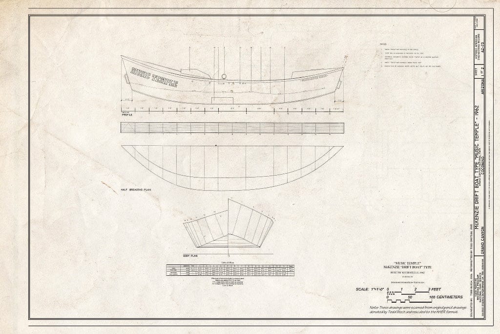 Blueprint Profile and Half Breadths Plan - McKenzie Drift Boat Music Temple, Grand Canyon, Coconino County, AZ