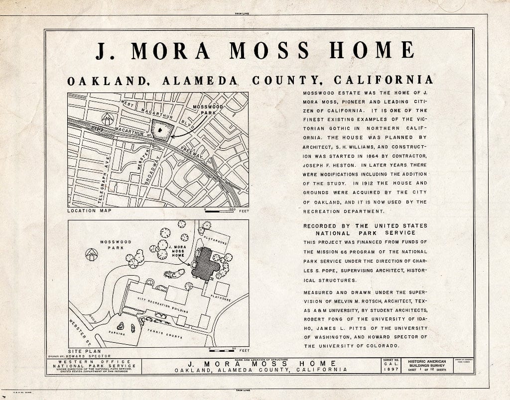 Blueprint HABS Cal,1-Oak,2- (Sheet 1 of 12) - J. Mora Moss House, Broadway & MacArthur Boulevard, Oakland, Alameda County, CA