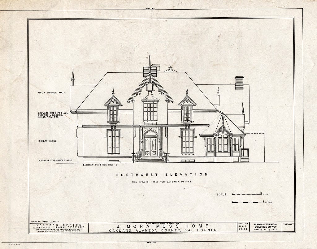 Blueprint HABS Cal,1-Oak,2- (Sheet 5 of 12) - J. Mora Moss House, Broadway & MacArthur Boulevard, Oakland, Alameda County, CA
