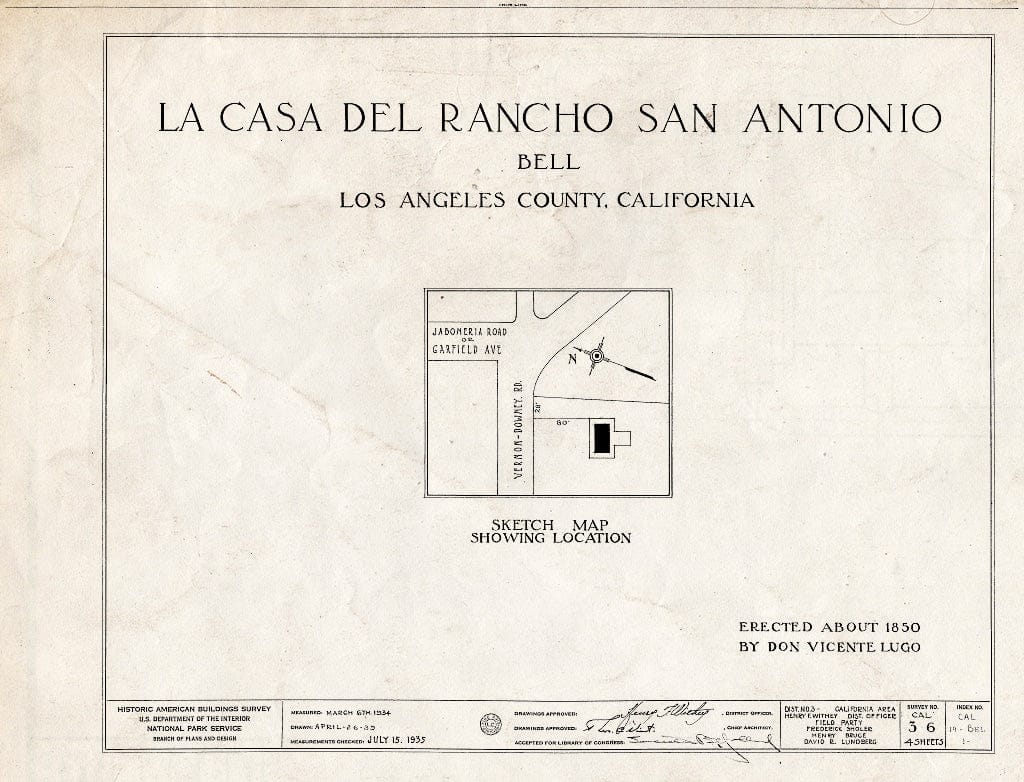 Blueprint HABS Cal,19-BEL,1- (Sheet 0 of 4) - Casa del Rancho San Antonio, 6360 East Gage, Bell, Los Angeles County, CA