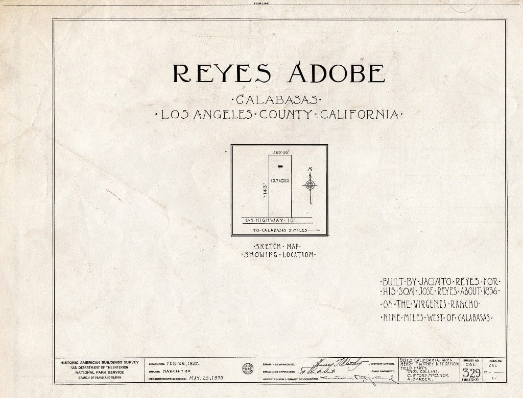 Blueprint HABS Cal,19-,1- (Sheet 0 of 3) - Reyes House, State Highway 101, Calabasas, Los Angeles County, CA