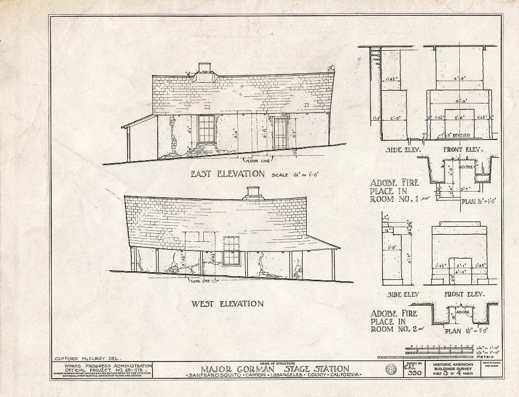 Blueprint HABS Cal,19-Eliz.V,1- (Sheet 3 of 4) - Major Gorman Stage Station, San Francisquito Road, Andrade Corner, Los Angeles County, CA
