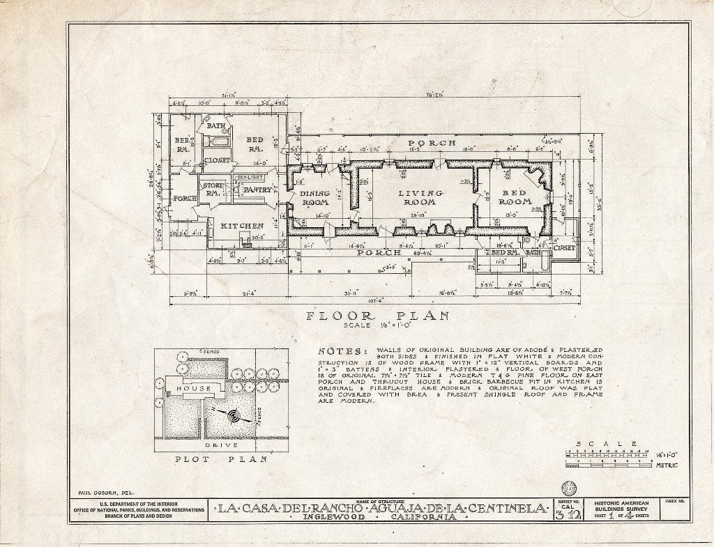 Blueprint HABS Cal,19-INGWO,1- (Sheet 1 of 4) - Casa del Rancho Aguaja de la Centinela, 7634 Midfield Road, Inglewood, Los Angeles County, CA