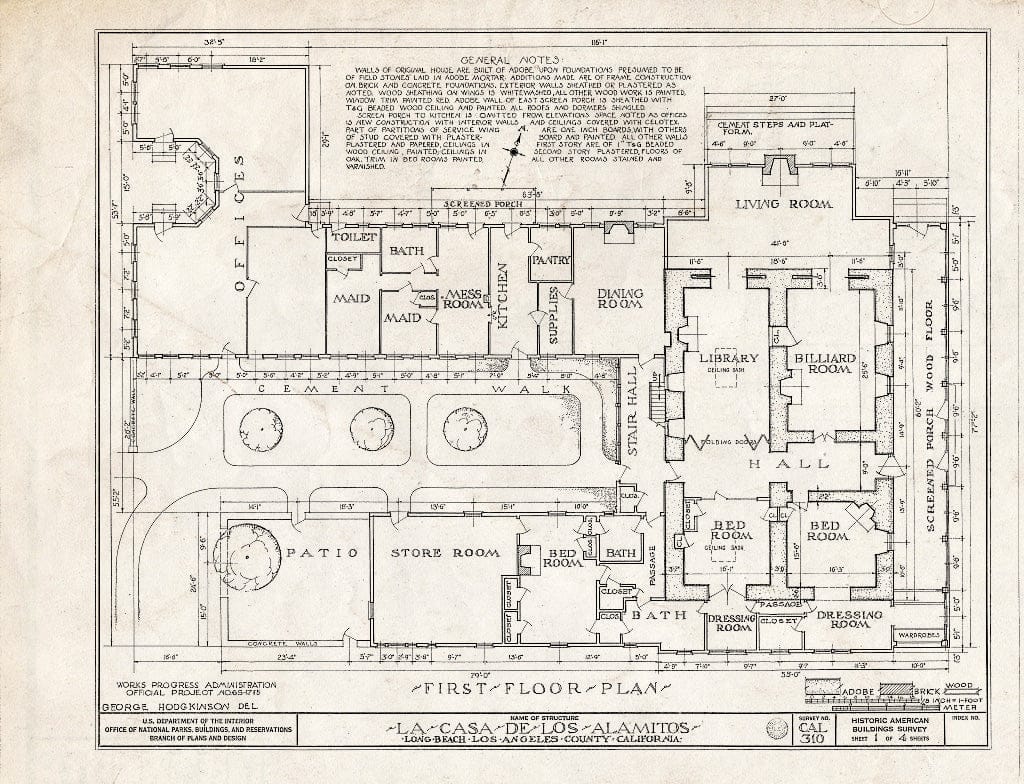 Blueprint HABS Cal,19-LONGB,1- (Sheet 1 of 4) - Casa de Los Alamitos, East Anaheim Road, Long Beach, Los Angeles County, CA