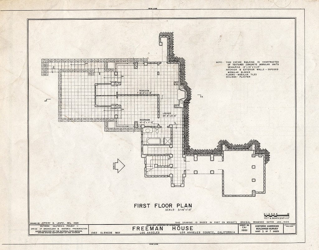Blueprint HABS Cal,19-LOSAN,62- (Sheet 3 of 7) - Samuel Freeman House, 1962 Glencoe Way, Los Angeles, Los Angeles County, CA