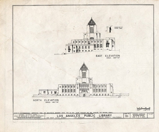 Blueprint 5. East and North elevations - Los Angeles Public Library, 630 West Fifth Street, Los Angeles, Los Angeles County, CA