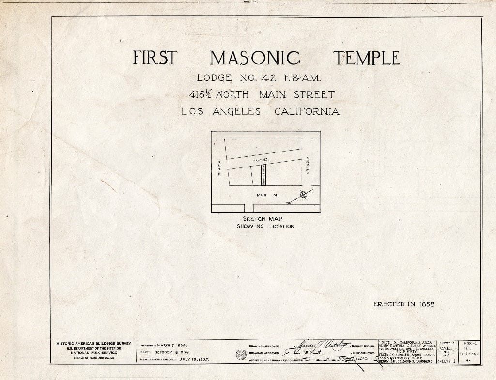 Blueprint HABS Cal,19-LOSAN,4- (Sheet 0 of 1) - Masonic Temple No. 42 F. & A. M, 416 1/2 North Main Street, Los Angeles, Los Angeles County, CA