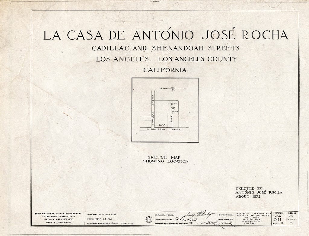 Blueprint HABS Cal,19-LOSAN,5- (Sheet 0 of 3) - Antonio Jose Rocha House, Cadillac & Shenandoah Streets, Los Angeles, Los Angeles County, CA