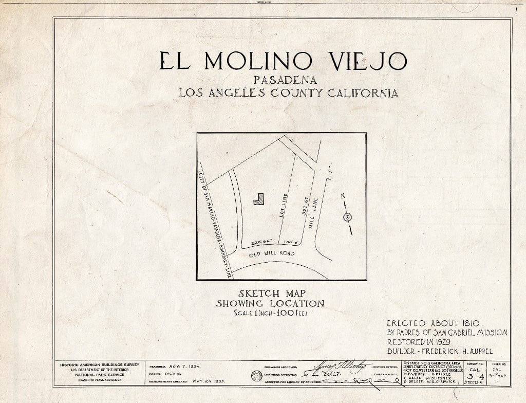 Blueprint HABS Cal,19-PASA,1- (Sheet 0 of 6) - El Molino Viejo, 1120 Old Mill Road, Pasadena, Los Angeles County, CA