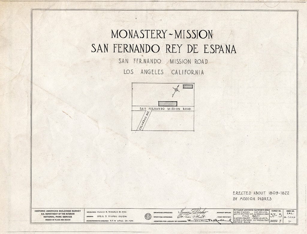Blueprint HABS Cal,19-SANF,2A- (Sheet 0 of 7) - Mission San Fernando Rey de Espana, Monastery, San Fernando Mission Road, San Fernando, Los Angeles County, CA