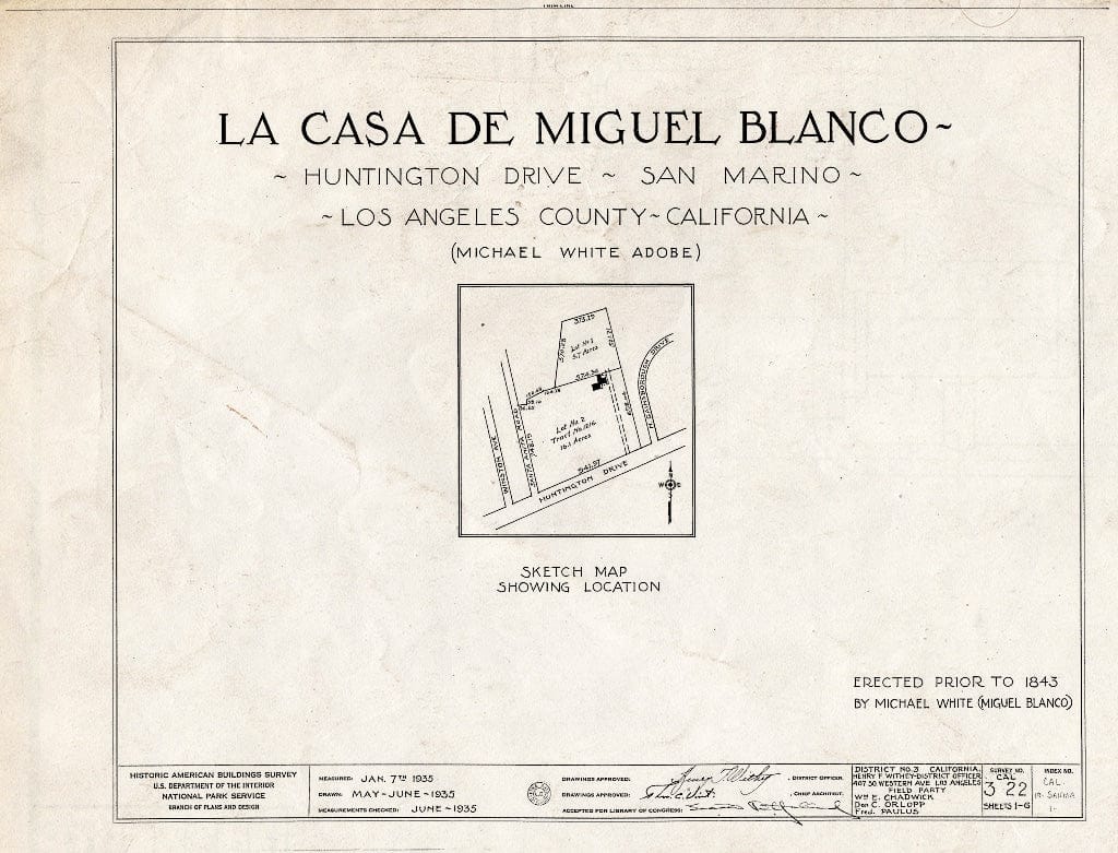 Blueprint HABS Cal,19-SANMA,1- (Sheet 0 of 6) - Casa de Miguel Blanco, 2701 Huntington Drive, San Marino, Los Angeles County, CA