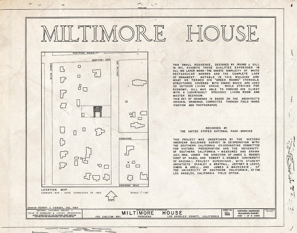 Blueprint HABS Cal,19-PASA,7- (Sheet 1 of 6) - Miltimore House, 1301 Chelton Way, Pasadena, Los Angeles County, CA