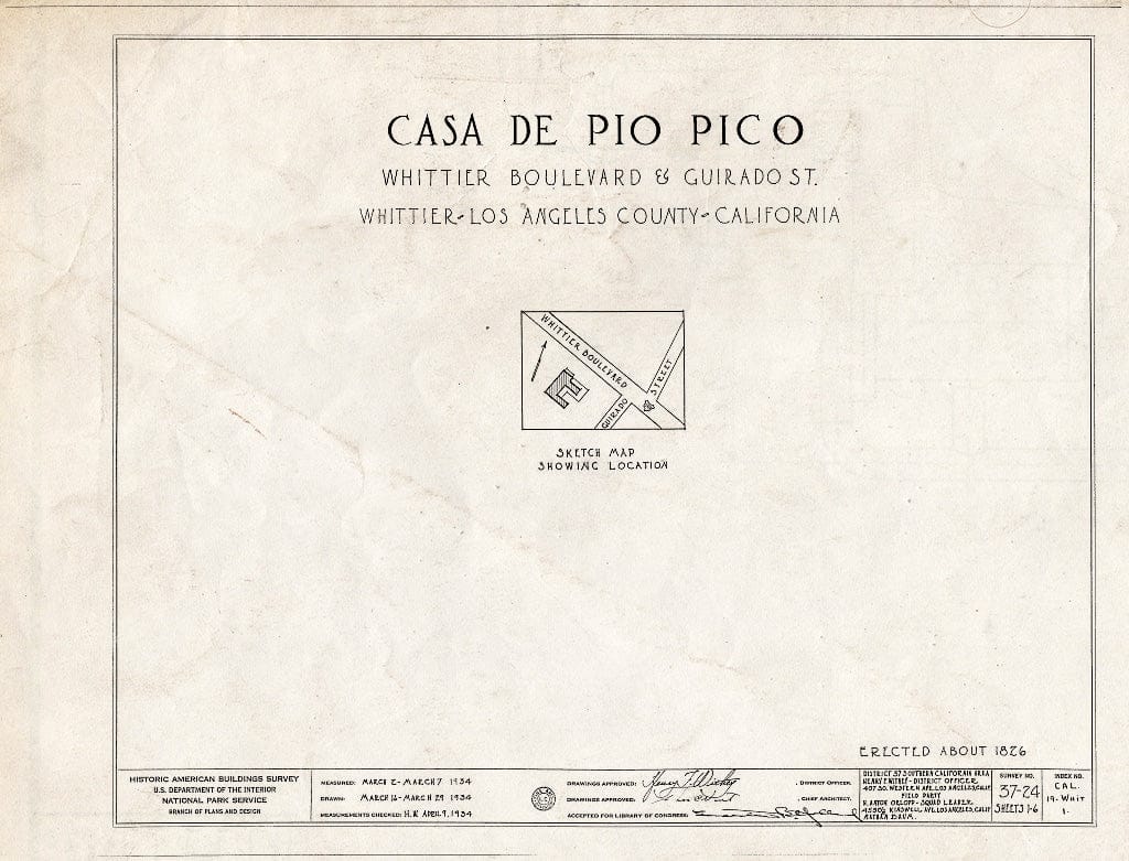 Blueprint HABS Cal,19-Whit,1- (Sheet 0 of 6) - Casa de Pio Pico, Whittier Boulevard & Guirado Street, Whittier, Los Angeles County, CA