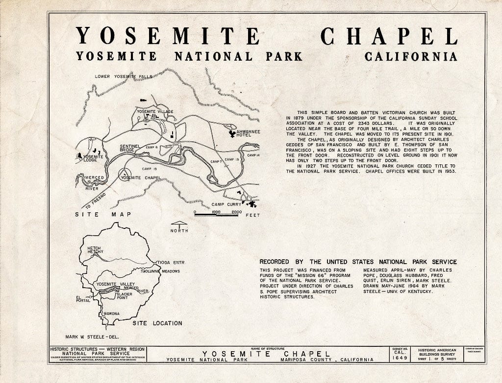 Blueprint HABS Cal,22-YOSEM,3- (Sheet 1 of 5) - Yosemite Chapel, Yosemite Village, Mariposa County, CA