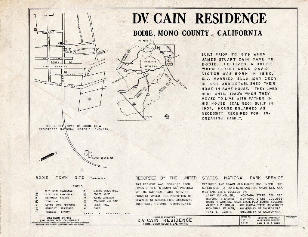 Blueprint HABS CA,26-BODI,4- (Sheet 1 of 9) - D. V. Cain House, Green & Fuller Streets, Bodie, Mono County, CA