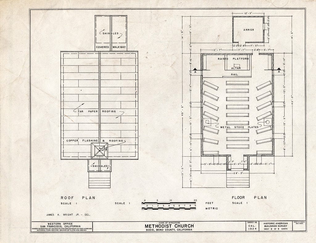 Blueprint HABS Cal,26-BODI,6- (Sheet 2 of 5) - Methodist Church, Green & Fuller Streets, Bodie, Mono County, CA