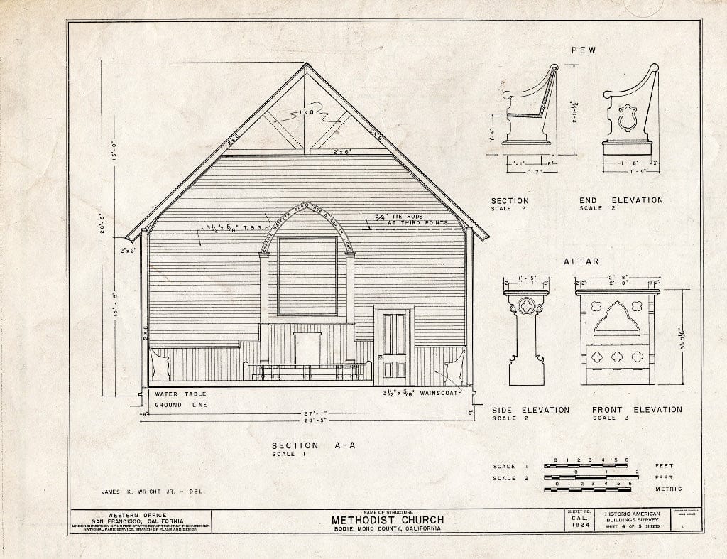Blueprint HABS Cal,26-BODI,6- (Sheet 4 of 5) - Methodist Church, Green & Fuller Streets, Bodie, Mono County, CA