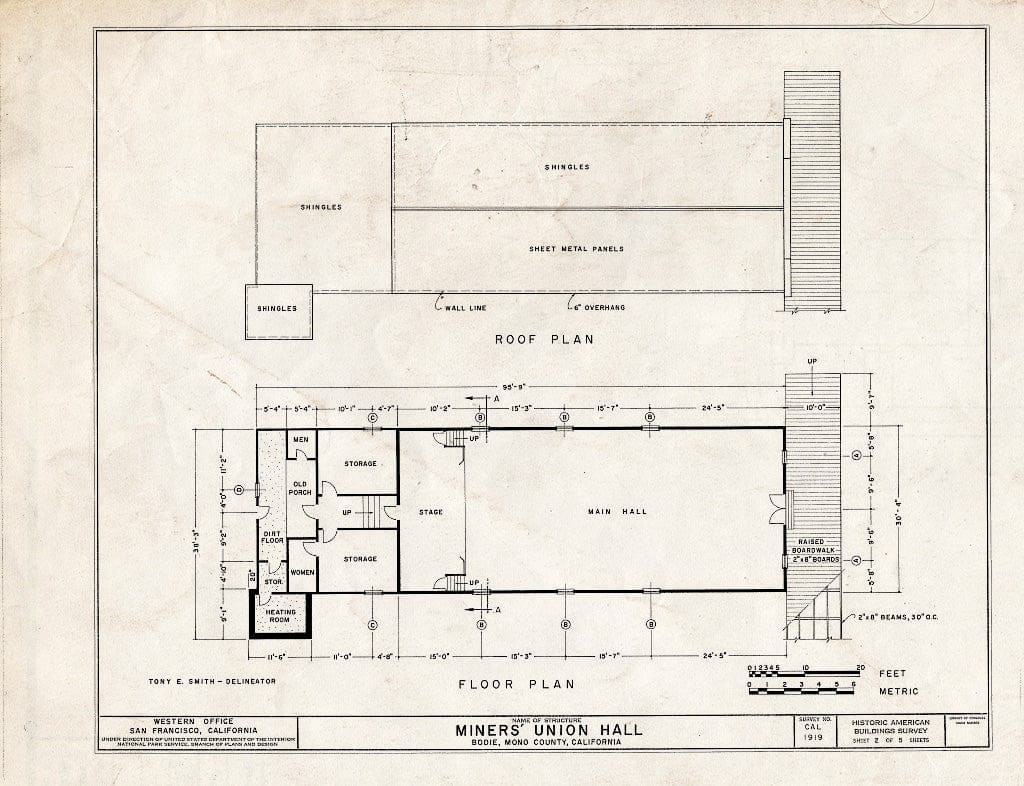 Blueprint HABS Cal,26-BODI,2- (Sheet 2 of 5) - Miners' Union Hall, Main Street, Bodie, Mono County, CA