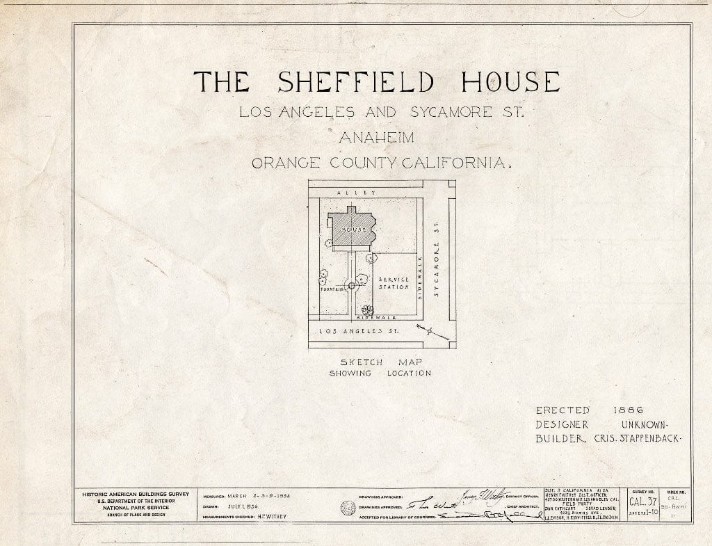 Blueprint HABS Cal,30-ANHI,1- (Sheet 0 of 10) - S.A. Sheffield House, Los Angeles & Sycamore Streets, Anaheim, Orange County, CA
