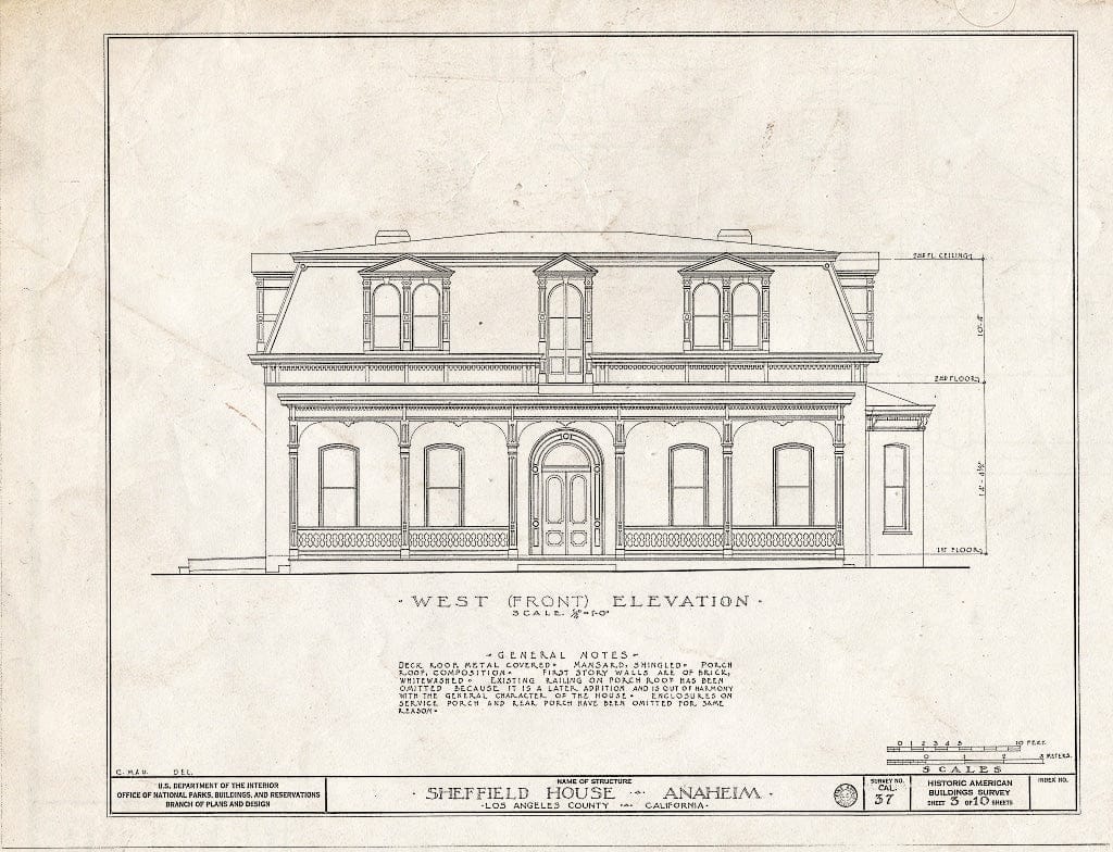 Blueprint HABS Cal,30-ANHI,1- (Sheet 3 of 10) - S.A. Sheffield House, Los Angeles & Sycamore Streets, Anaheim, Orange County, CA