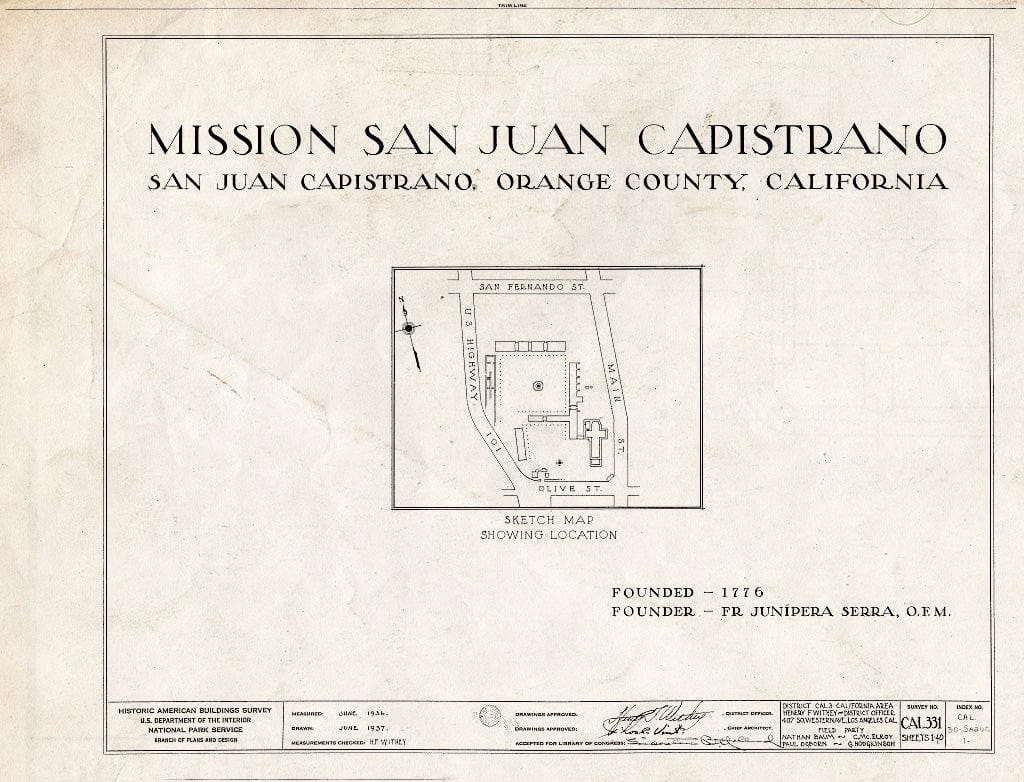 Blueprint HABS Cal,30-SAJUC,1- (Sheet 0 of 40) - Mission San Juan Capistrano, Olive Street, Between U.S. Highway 101 & Main Street, San Juan Capistrano, Orange County, CA