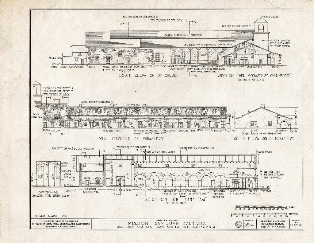 Blueprint HABS Cal,35-SAJUB,1- (Sheet 5 of 38) - Mission San Juan Bautista, Second Street, San Juan Bautista Plaza, San Juan Bautista, San Benito County, CA
