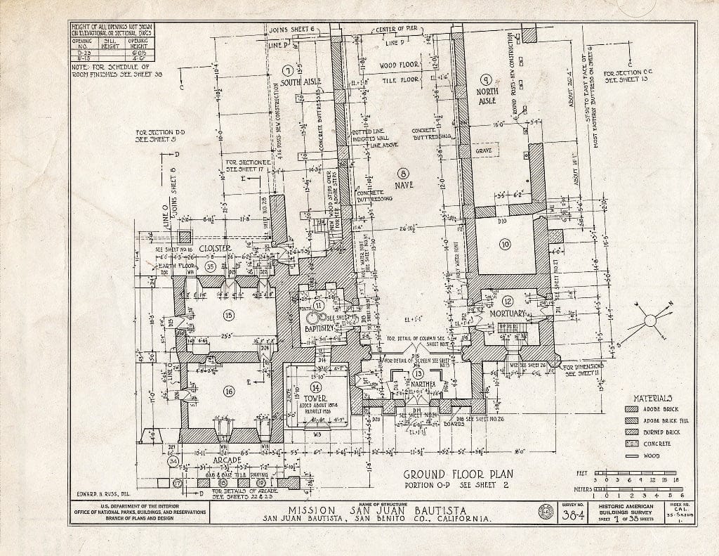 Blueprint HABS Cal,35-SAJUB,1- (Sheet 7 of 38) - Mission San Juan Bautista, Second Street, San Juan Bautista Plaza, San Juan Bautista, San Benito County, CA