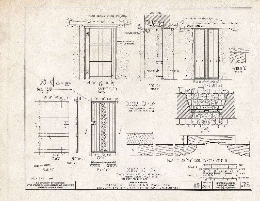 Blueprint HABS Cal,35-SAJUB,1- (Sheet 35 of 38) - Mission San Juan Bautista, Second Street, San Juan Bautista Plaza, San Juan Bautista, San Benito County, CA