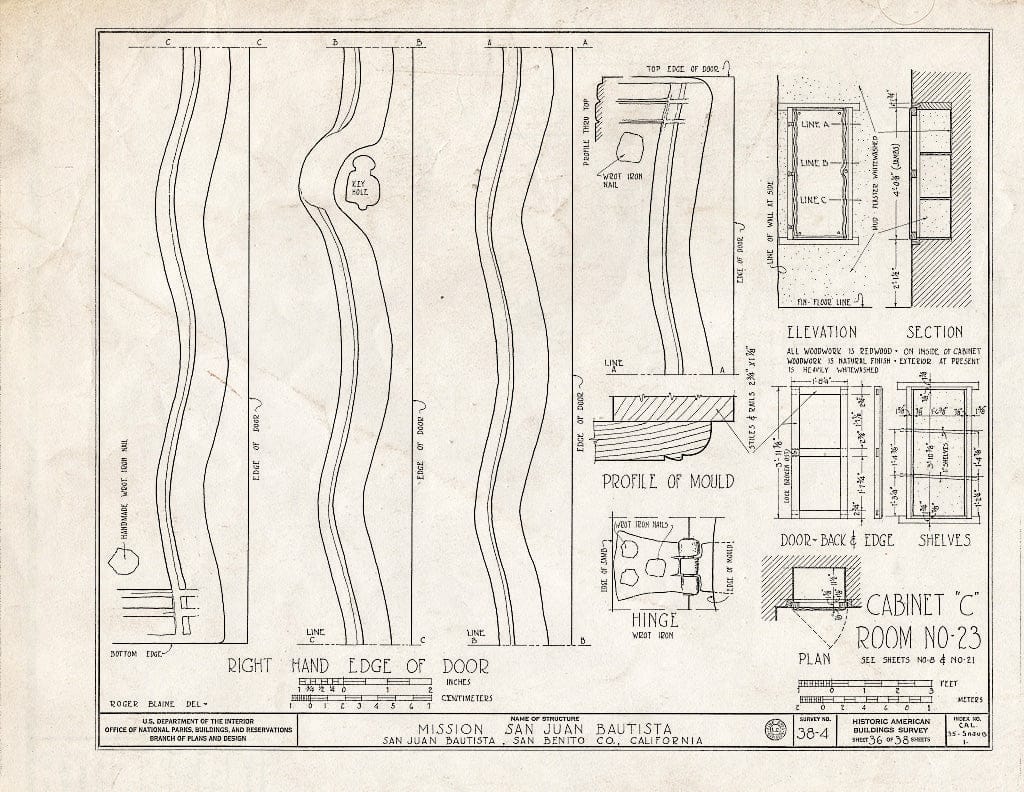 Blueprint HABS Cal,35-SAJUB,1- (Sheet 36 of 38) - Mission San Juan Bautista, Second Street, San Juan Bautista Plaza, San Juan Bautista, San Benito County, CA