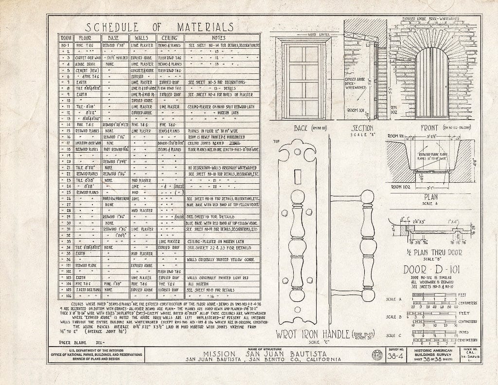 Blueprint HABS Cal,35-SAJUB,1- (Sheet 38 of 38) - Mission San Juan Bautista, Second Street, San Juan Bautista Plaza, San Juan Bautista, San Benito County, CA