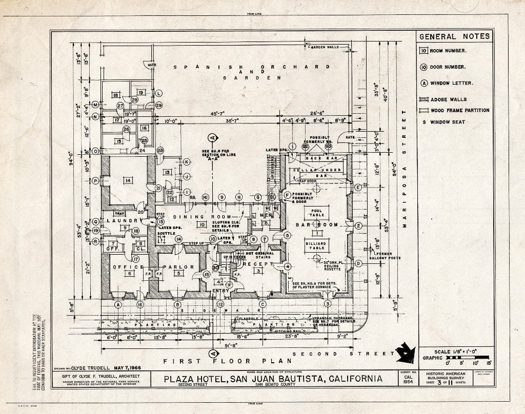 Blueprint HABS Cal,35-SAJUB,4- (Sheet 3 of 11) - Plaza Hotel, Second Street, San Juan Bautista Plaza, San Juan Bautista, San Benito County, CA