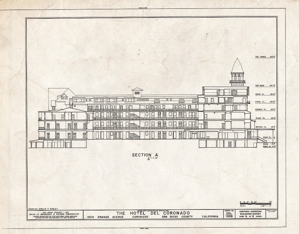 Blueprint HABS Cal,37-CORO,1- (Sheet 6 of 8) - Hotel Del Coronado, 1500 Orange Avenue, Coronado, San Diego County, CA