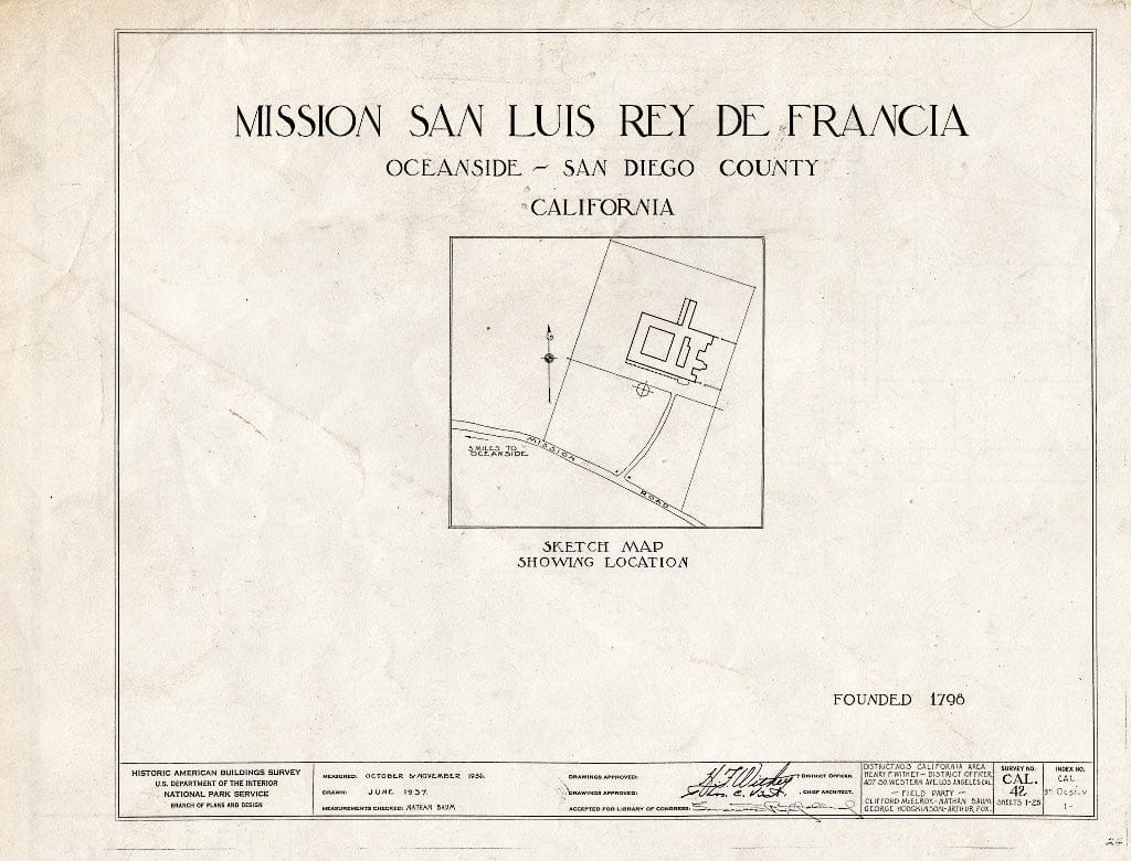 Blueprint HABS Cal,37-OCSI.V,1- (Sheet 0 of 25) - Mission San Luis Rey de Francia, Mission Road, Oceanside, San Diego County, CA