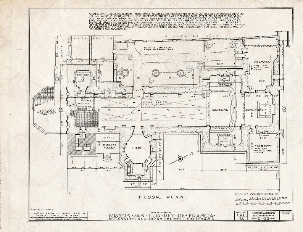Blueprint HABS Cal,37-OCSI.V,1- (Sheet 2 of 25) - Mission San Luis Rey de Francia, Mission Road, Oceanside, San Diego County, CA