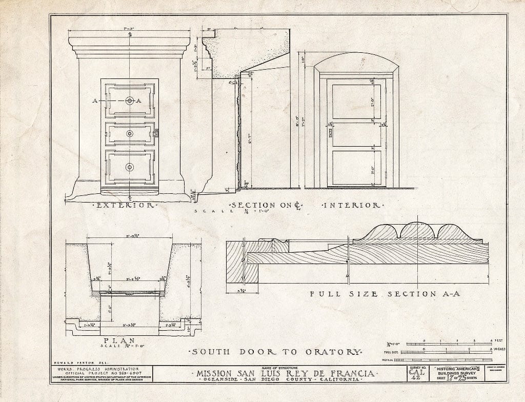 Blueprint HABS Cal,37-OCSI.V,1- (Sheet 17 of 25) - Mission San Luis Rey de Francia, Mission Road, Oceanside, San Diego County, CA